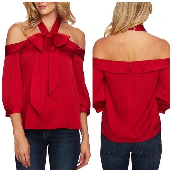 Cece red bow halter 3/4 sleeve satin blouse L - Picture 1 of 9